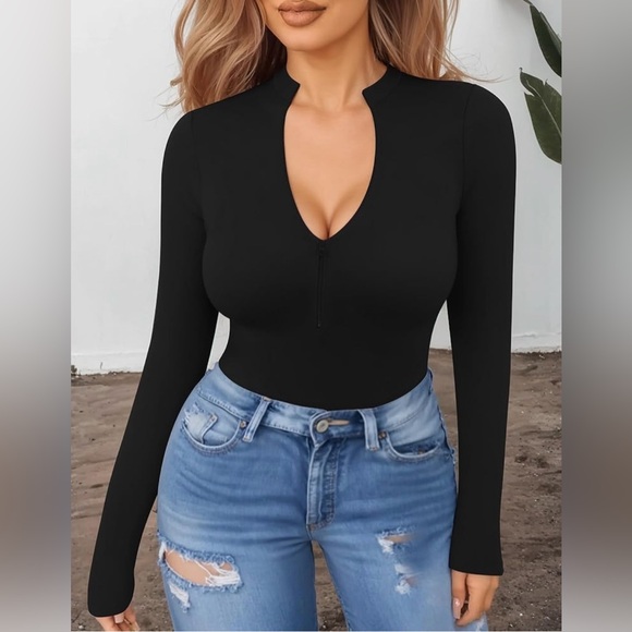 Long Sleeve Body Suit Mock Turtle Neck Zip Up Bodysuit color black size medium - Picture 2 of 4
